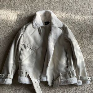 Boohoo Cream Leather Jacket with Shearling Trim